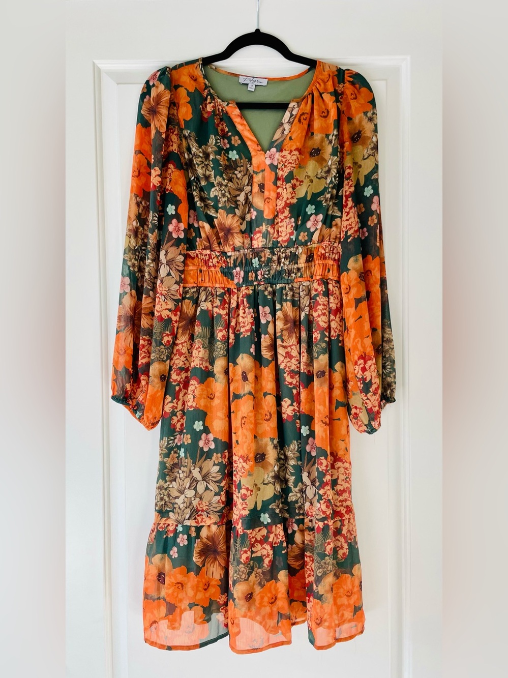 Polagram Green and Orange Floral Long-Sleeve Dress